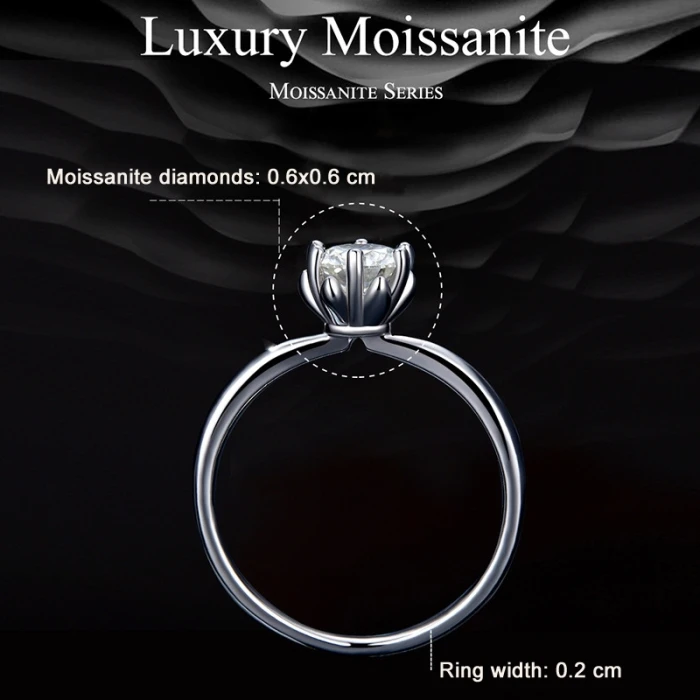 MSR006 Sterling Silver S925 Six Claw Moissanite Ring White Gold Plated Jewellery, Size: No.10 - Image 3