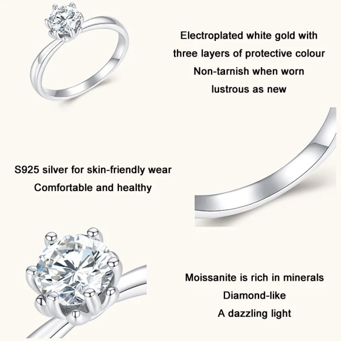 MSR006 Sterling Silver S925 Six Claw Moissanite Ring White Gold Plated Jewellery, Size: No.10 - Image 4